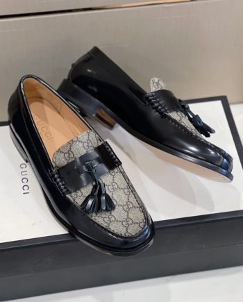 GCI Men's GG Loafers Horsebit With Tassel Black And Beige For Men 673817 17X30 1063